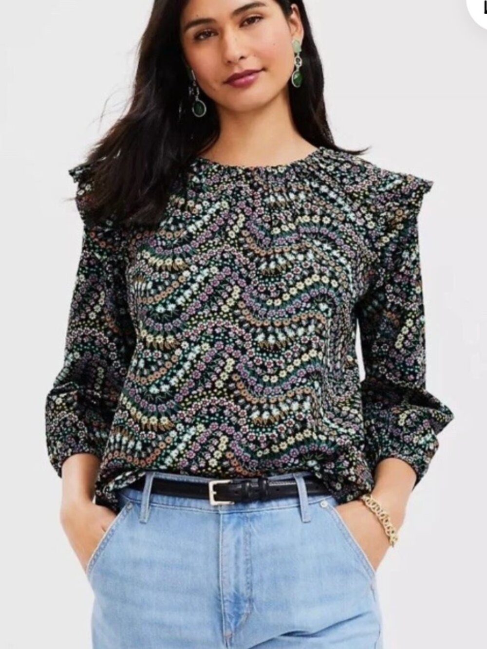 LOFT Garden Dobby Tie Back Ruffle Blouse